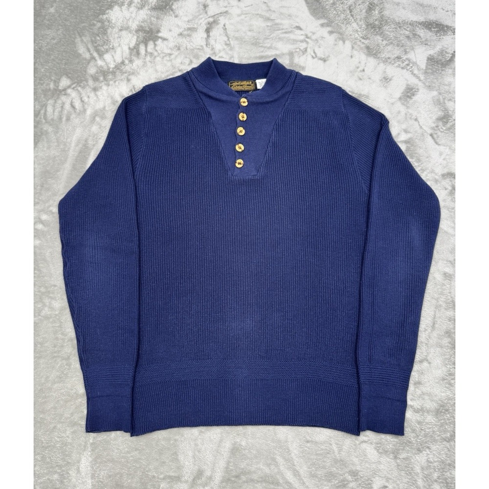 Vintage 90s Eddie Bauer Knit Sweater Mens Small Blue Henley Heavy Cotton Ribbed